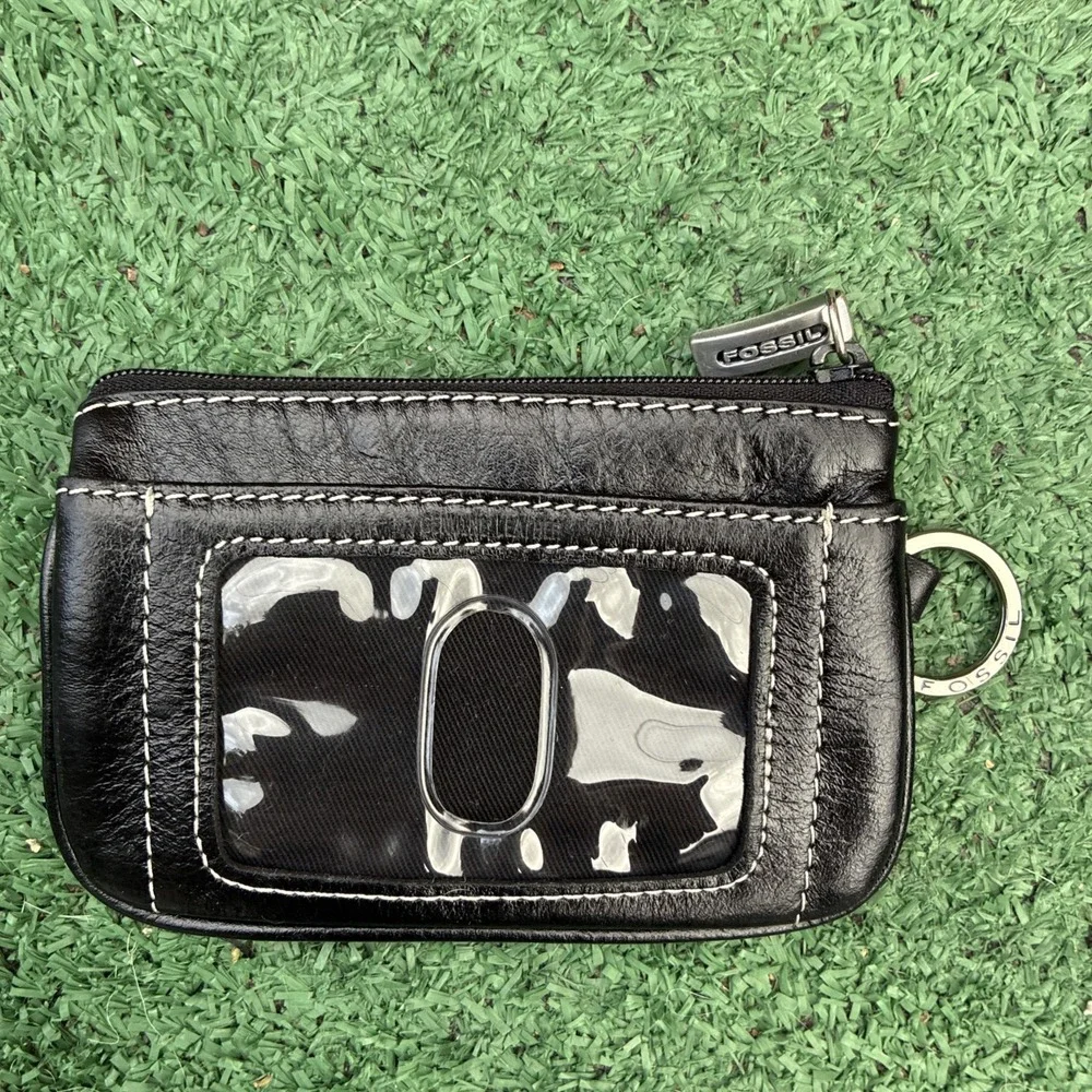 Vintage FOSSIL Key Ring ID Zipper Pouch Black w/ Hearts & Bling Leather 5